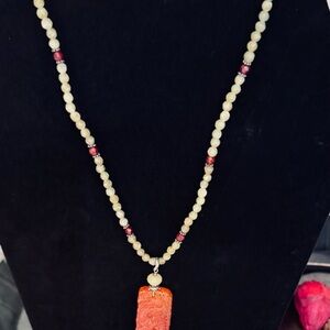 Red Jade Chinese Dragon and Yellow Beaded Necklace